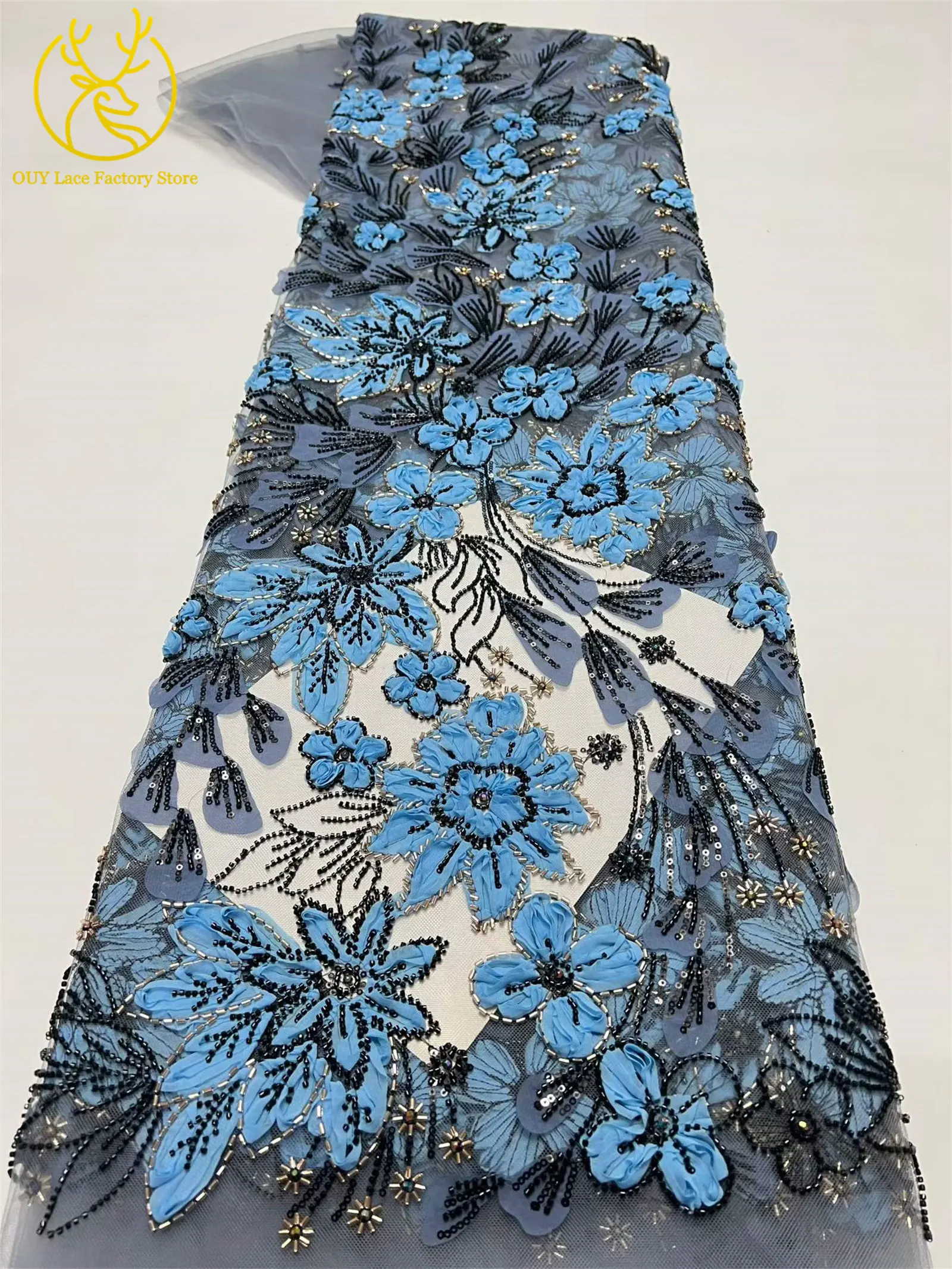 Exquisiter französischer Spitzenstoff mit Blumenstickerei und Pailletten, afrikanischer Perlen-Spitzenstoff für nigerianische Party- und Hochzeitskleider zum Nähen. – Detail 13