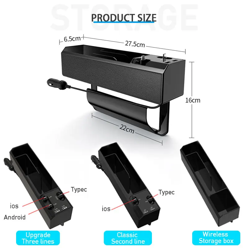 Imagem -03 - Assento de Carro Automático Fenda Plástico Caixa de Armazenamento Telefone Titular Organizador com Carregador de Fio para Ios Android Tipo-c 2usb Porta Acessórios