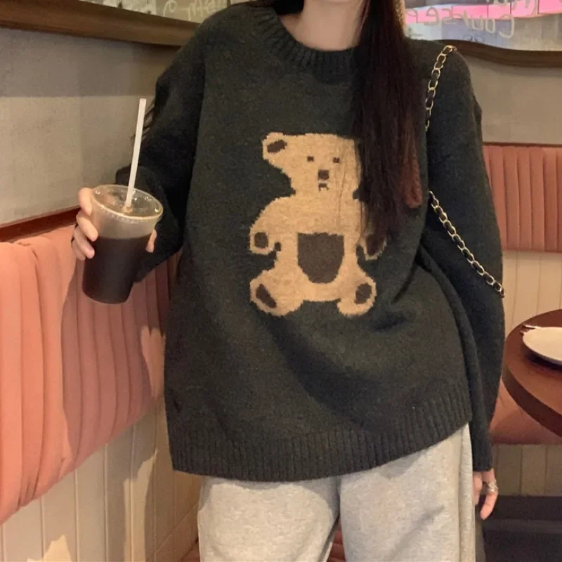 OCEANLOVE Cartoon Bear Women Sweaters Autumn Winter Korean Fashion Sweet Pullovers Cute Loose Vintage Sueters De Mujer