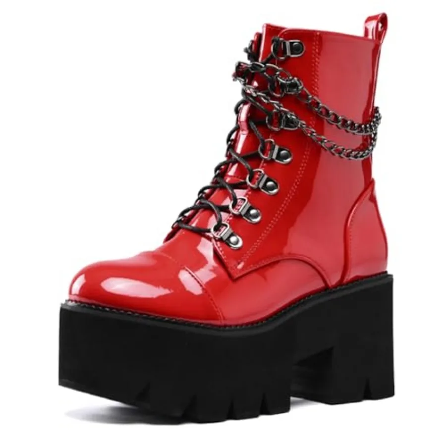 

Women's Patent Leather Chain Platform Block Heel Goth Ankle Boots with Side Zipper Fashion Comfortable Round Toe Chunky High He