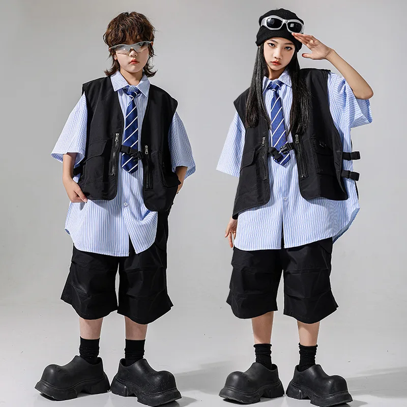 Boys Cool Hip Hop Clothing Sets Black Vest Top Casual Shorts Striped Shirt Girls Jazz Dance Costumes Group Street Dance Wear