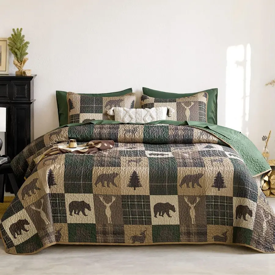 

Rustic Quilt Set, Cabin Lodge Christmas Bear Moose Deer Wildlife Western Patchwork Country, Reversible Lightweight Bedspread Cov