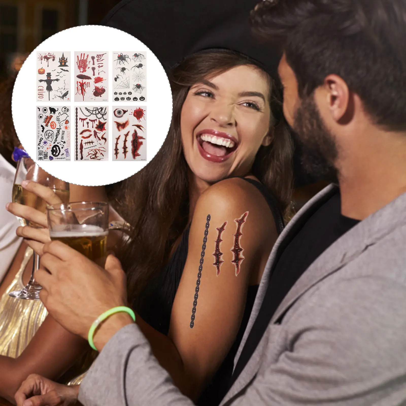 

6 листов временных татуировок на Хэллоуин: наклейки с паутиной, креативные, съемные, комфортные, безопасные для кожи, легко наносятся на лицо