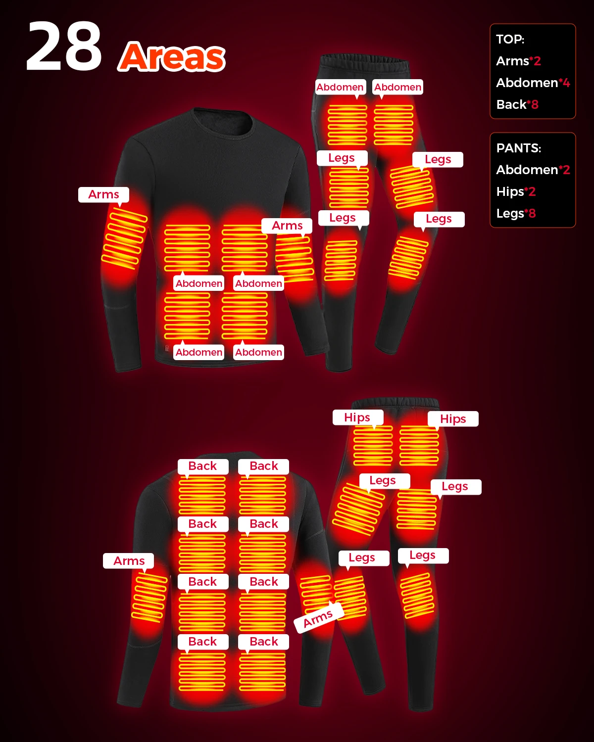 Winter Heated Underwear Suit 28 Heating Areas USB Thermal Warm Cotton Tops Pants for Outdoor Motorcycle Skiing Fishing Riding