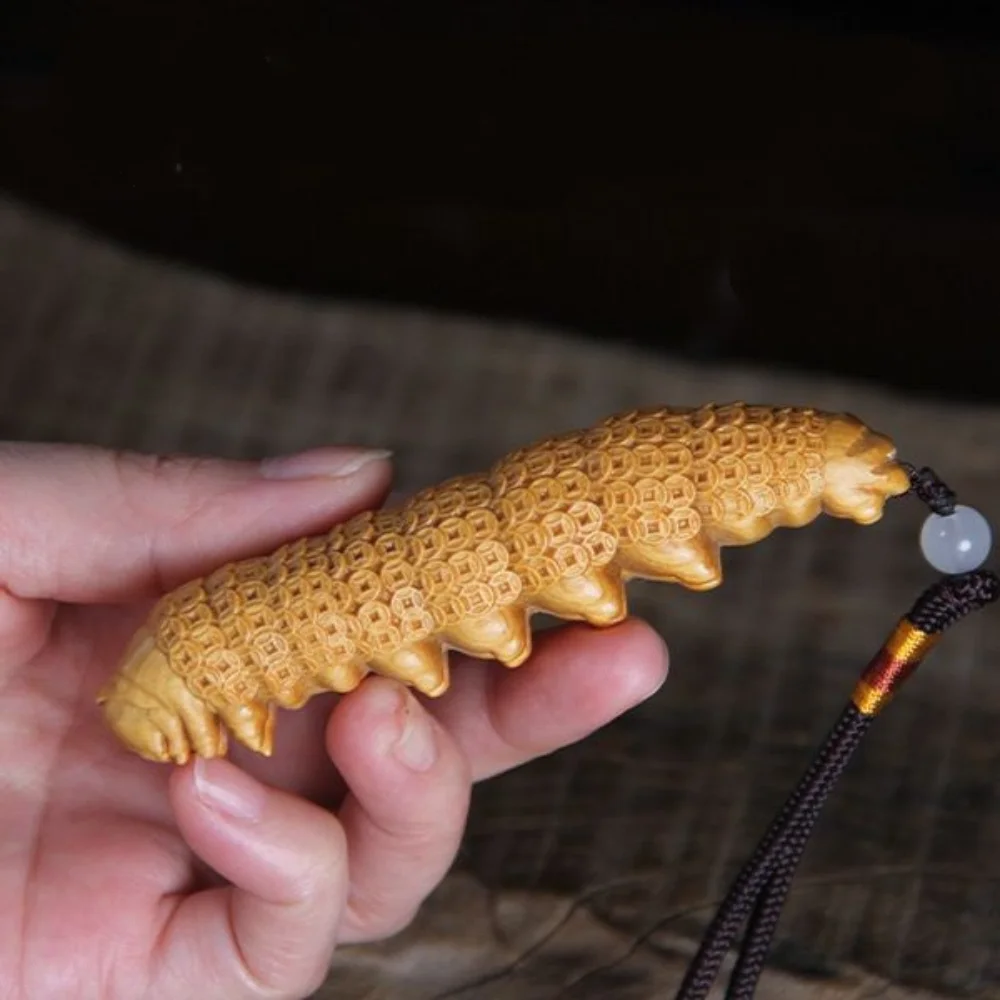 Natural Boxwood Wealth Caterpillar Hand Piece Carved Figurine Portable Car Hanging Ornament Desktop Decor Craft Gift