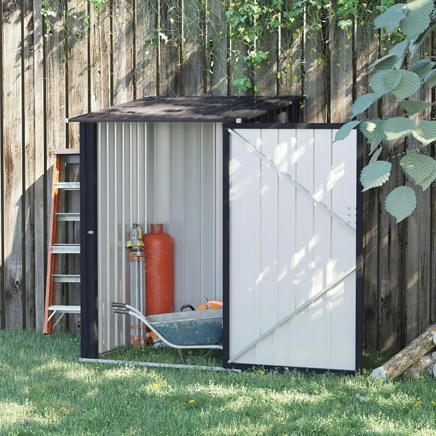 

Outdoor Storage Shed Metal Color Steel Garden Tool Storage Cabinet House Sloping Roof Bike Lawnmower Garbage Can Shed Organizer