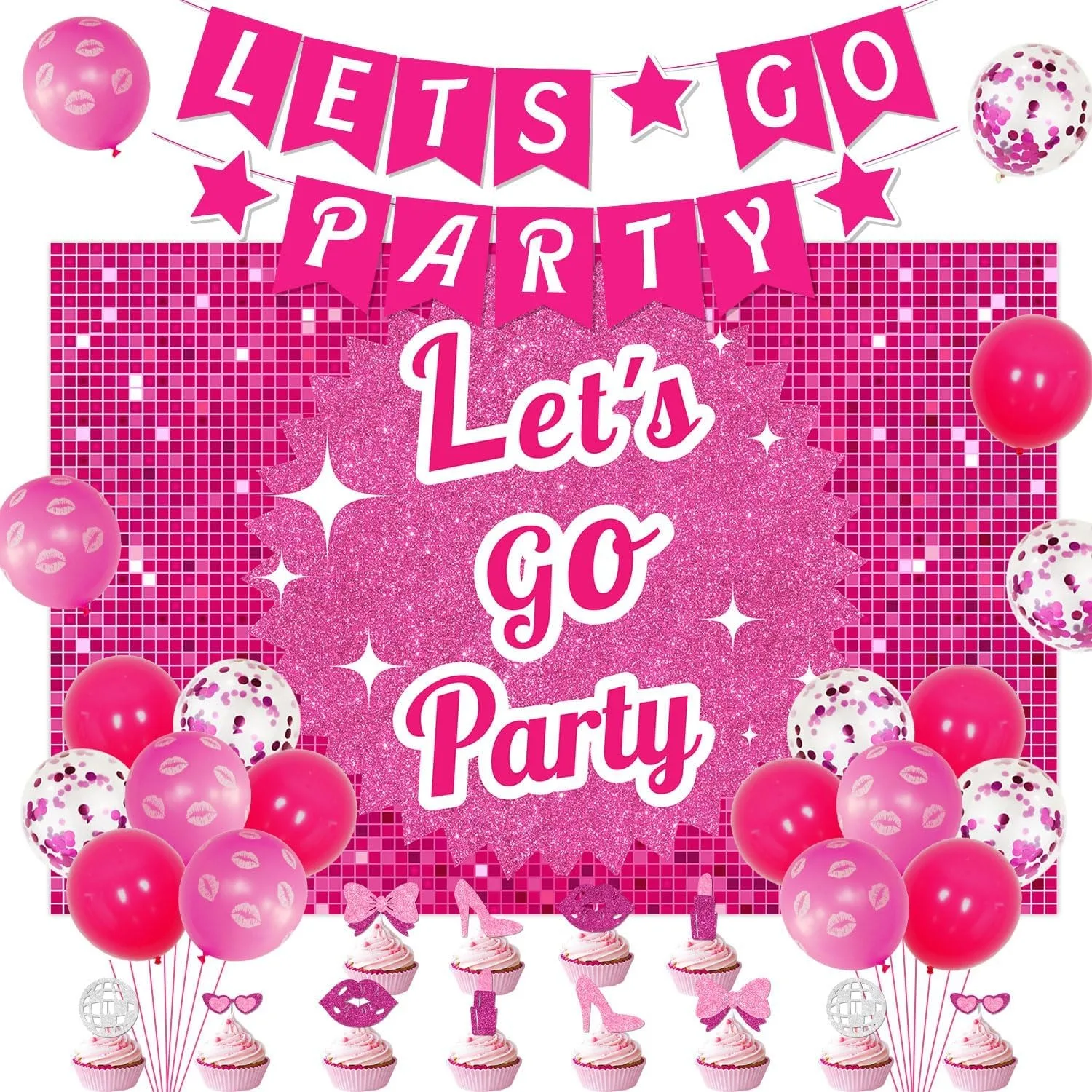 

Фон для вечеринки в стиле диско Let's Go, баннер, розовая кукла с узлом, топперы для кексов, кукла принцессы, тема дня рождения, свадебный душ, товары для вечеринок