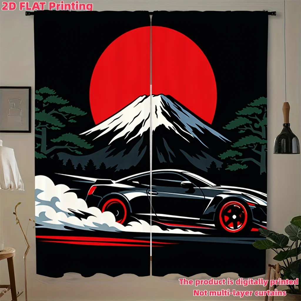 Japanese Style Supercar Print Blackout Curtains - Fuji Mountain Red Sun Racing Car Window Drapes for Living Room Bedroom