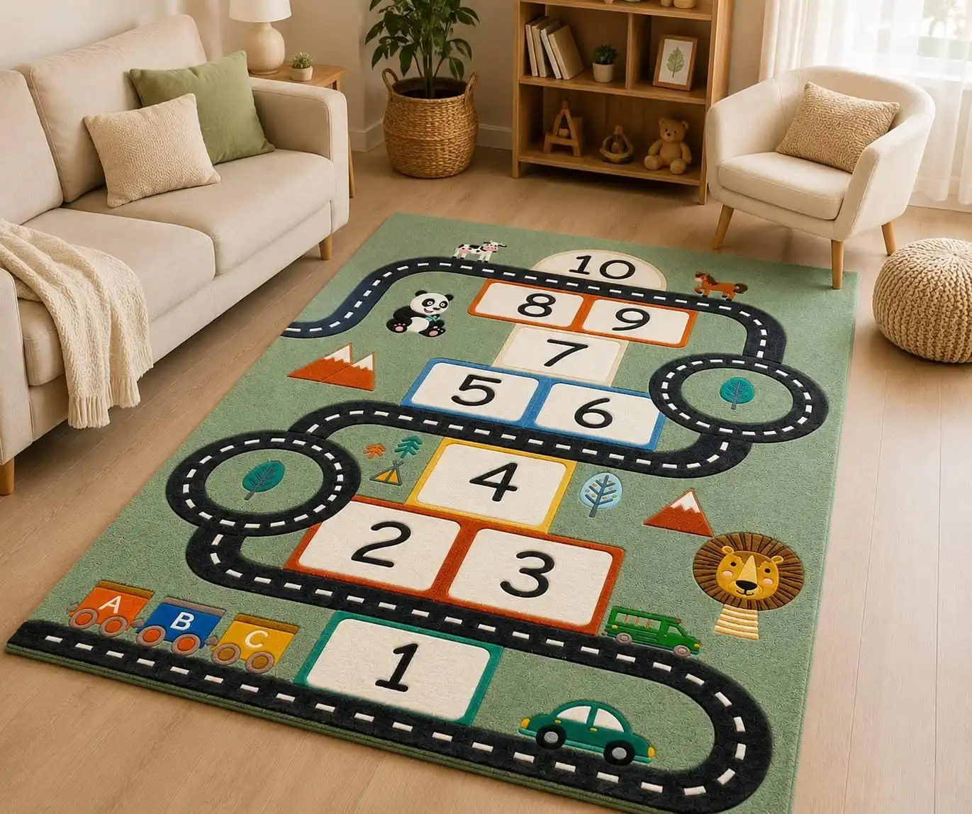 Living Room Rug Multiple Ring Racing Tracks Printed Large Rectangular Carpet Red White Curb Border for Playroom Sofa Floor