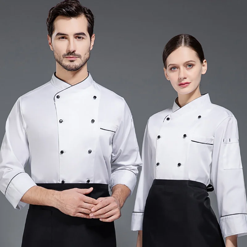 Jaqueta Chef clássica para homens e mulheres, uniforme restaurante, uniforme garçom, preto e branco