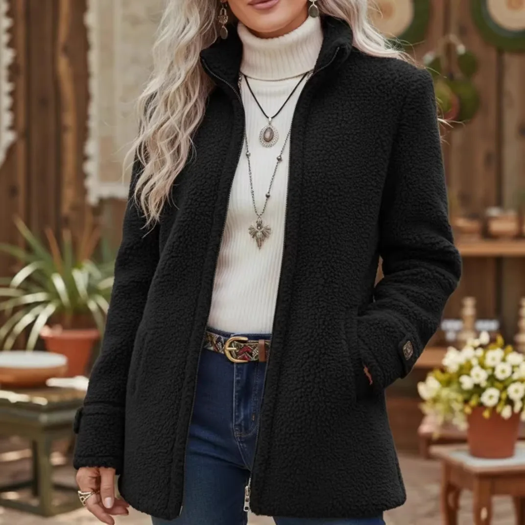 Loose Long Sleeve Zipper Fleece Jacket Pure Color Stand Collar Women's Winter Fashion Casual Outerwear Medium Length Coat