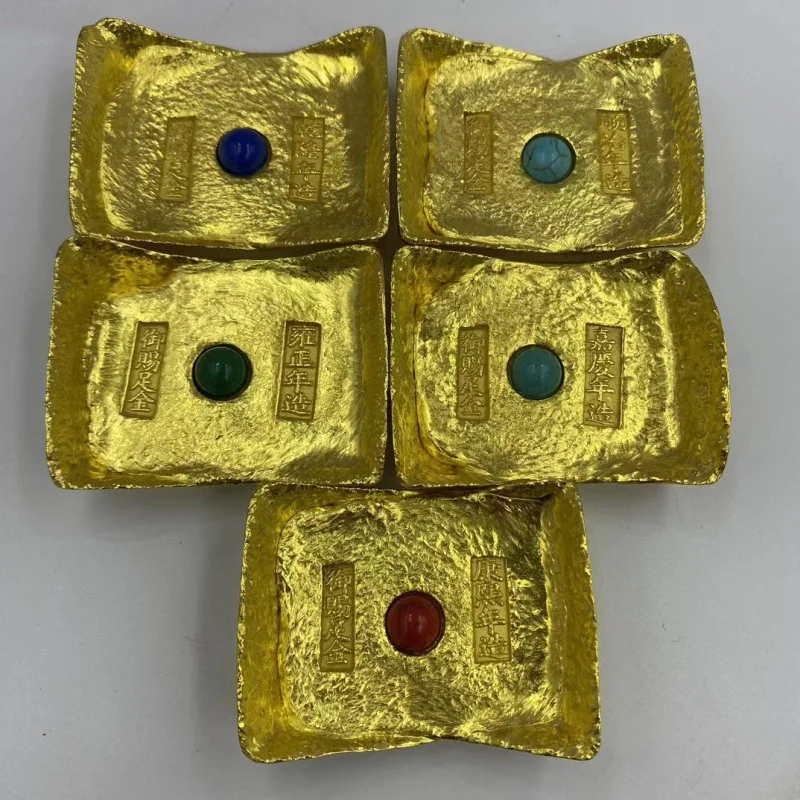 Antique Copper Gilt Gold Ingot Collection Qing Dynasty Five Emperors Inlaid Gem Square Gold Ingot Object