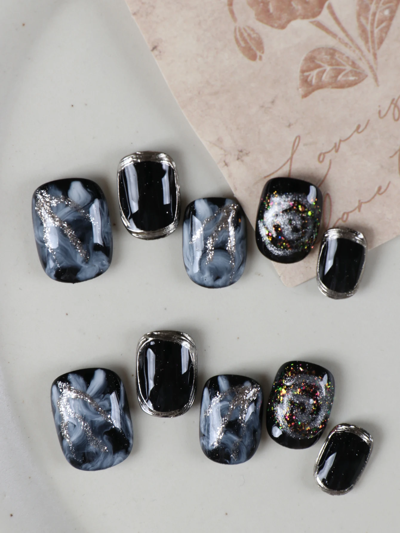 10Pcs Press on Nails  short black White halation nail art Fake Nails Includes 1 Sheet Adhesive Tabs & 1 Pc Mini File