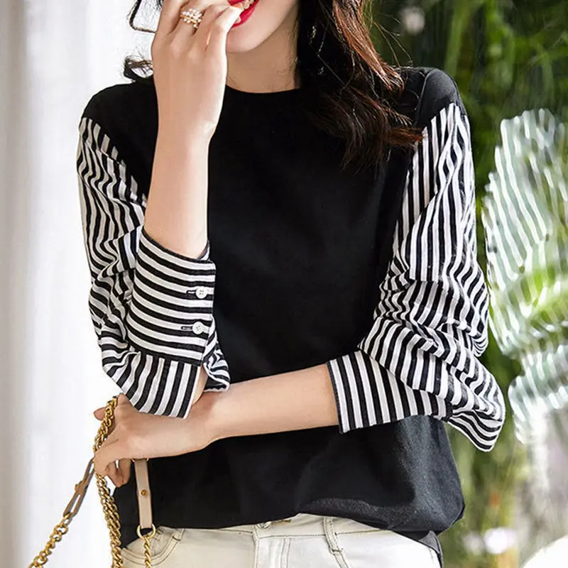 Fashion Printed Spliced Fake Two Pieces Striped Blouse Women's Clothing 2022 Autumn New Casual Pullovers Tops Loose Korean Shirt