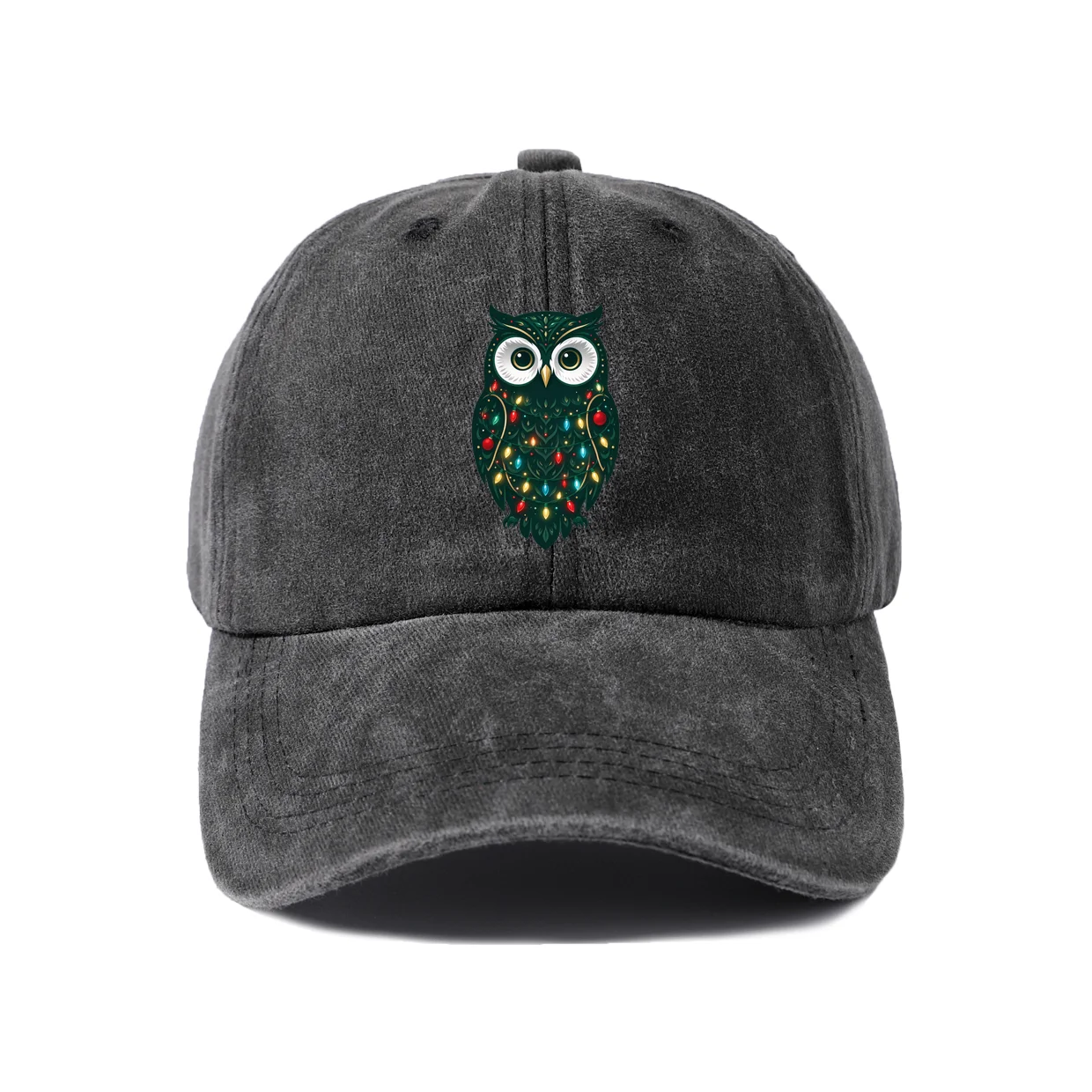 Christmas Lights Owl Graphic Vintage Washed Baseball Cap, Adjustable Unisex Dad Hat, Casual Gift