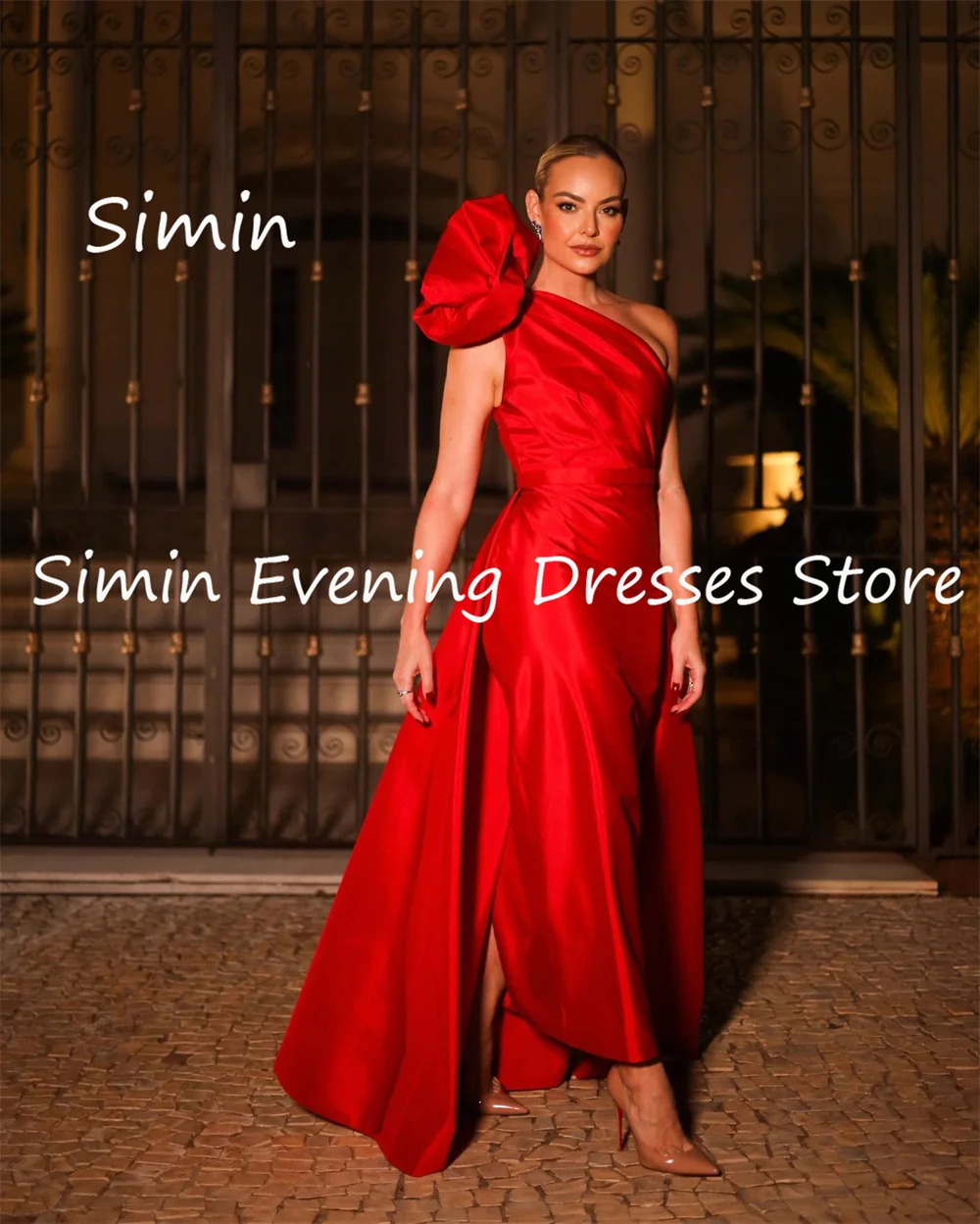 Simin Satin a-line فستان حفلة موسيقية مكشكش بكتف واحد للنساء ، فستان سهرة بطول الكاحل ، فساتين حفلات أنيقة ، ترف رسمي ، جميل ، 2023