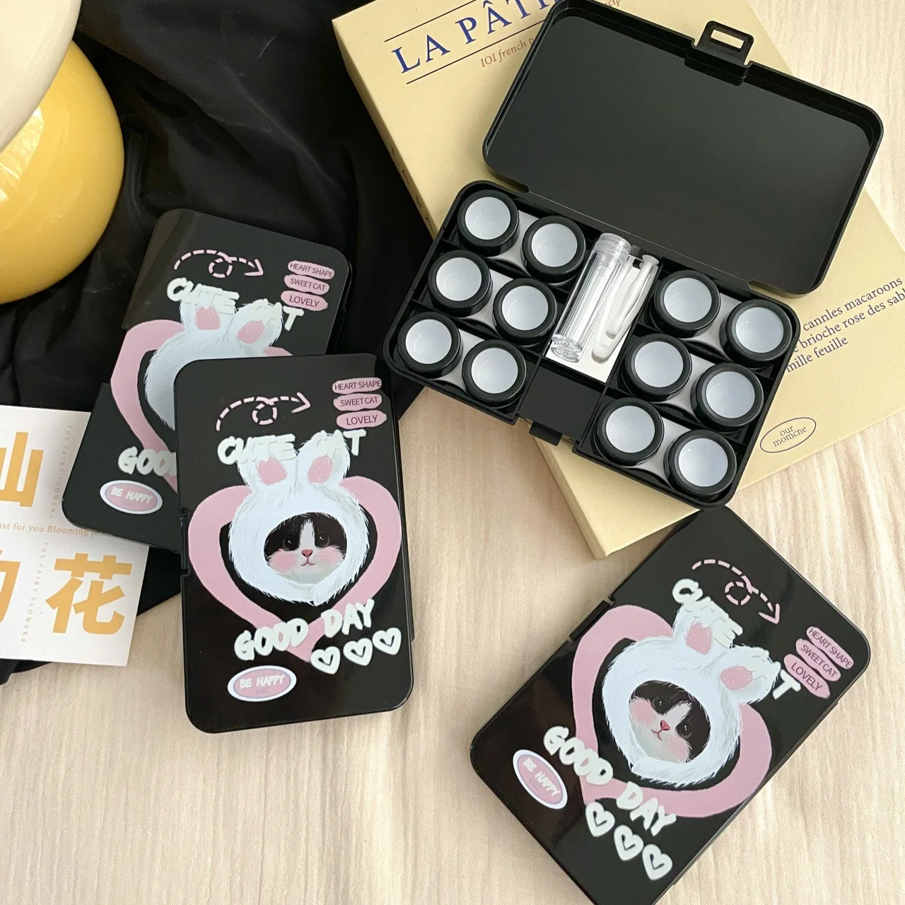 6pair/set Cute Cartoon Cat Contact Lens Case Portable Kawaii Eye Contact Travel Holder for Glasses Accessories Contact Solution