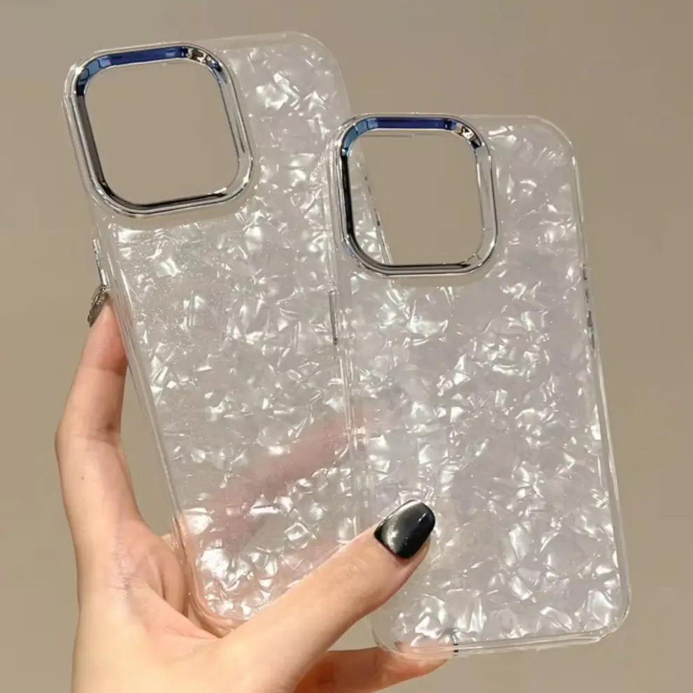 

Shiny Glitter Dream Conch Shell Pattern Marble Case For iPhone 16 15 14 Plus 13 12 11 Pro Max Metal Lens Acrylic Shockproof Capa