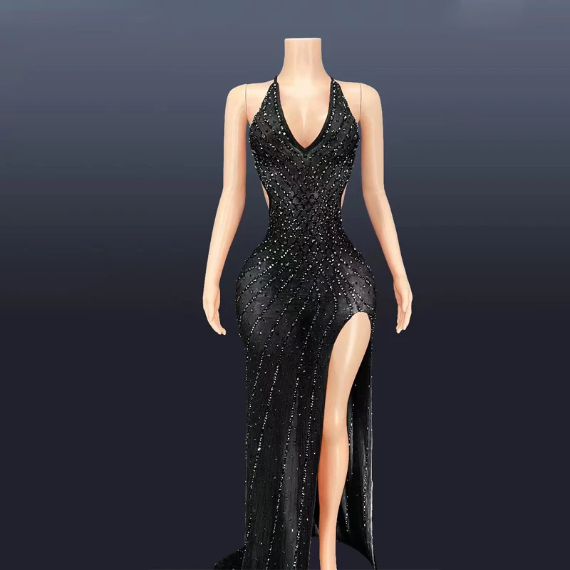 

2022 Sexy Stage Show Rhinestone Transparent Long Dress Singer Birthday Celebrate Party Outfit Women Dancer Performance Dress