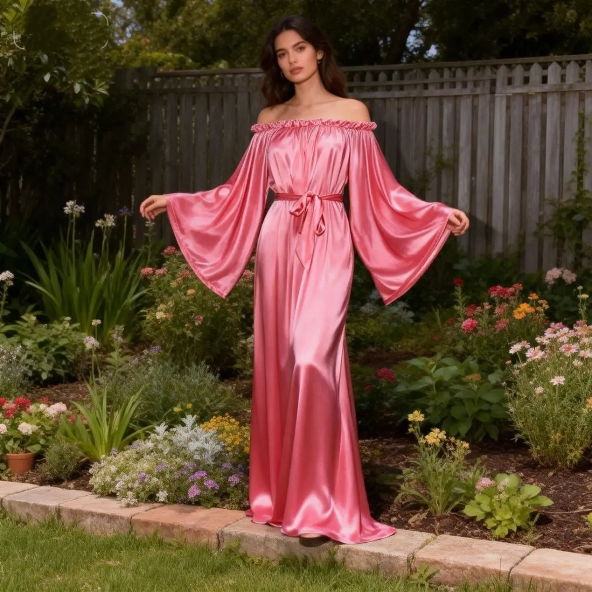 

Unisex Glossy Ice Silk Satin Long Dress Maxi Dress Flare Sleeve Pullover Elegant Dresses Sleeping Wear