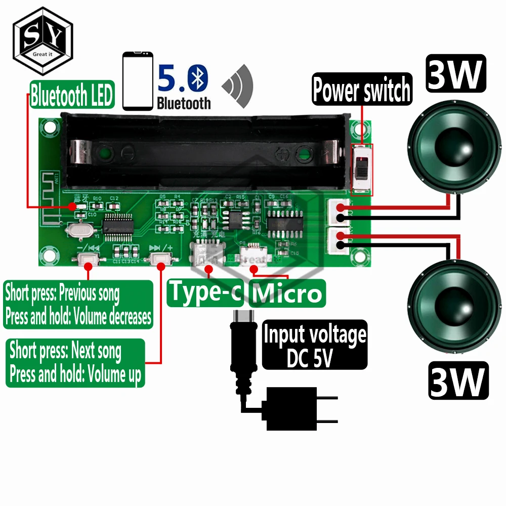 XH-A153 Lithium Battery Bluetooth 5.0 Dual-channel 2 Ch Channel Stereo Low Power Amplifier Board 3W+3W DC 5V PAM8403 Chip