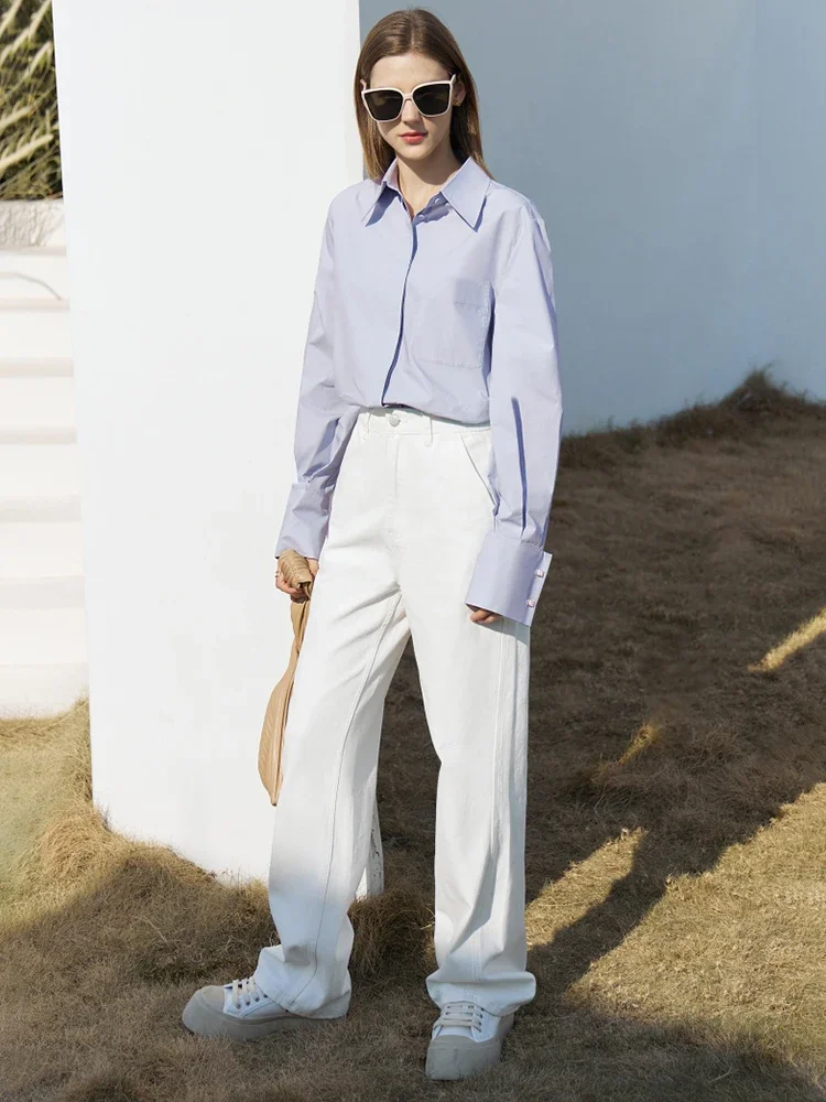 

AMII минималистичная женская рубашка, повседневная осенняя элегантная однотонная рубашка из 100% хлопка, женская офисная универсальная одежда, топы 12371499