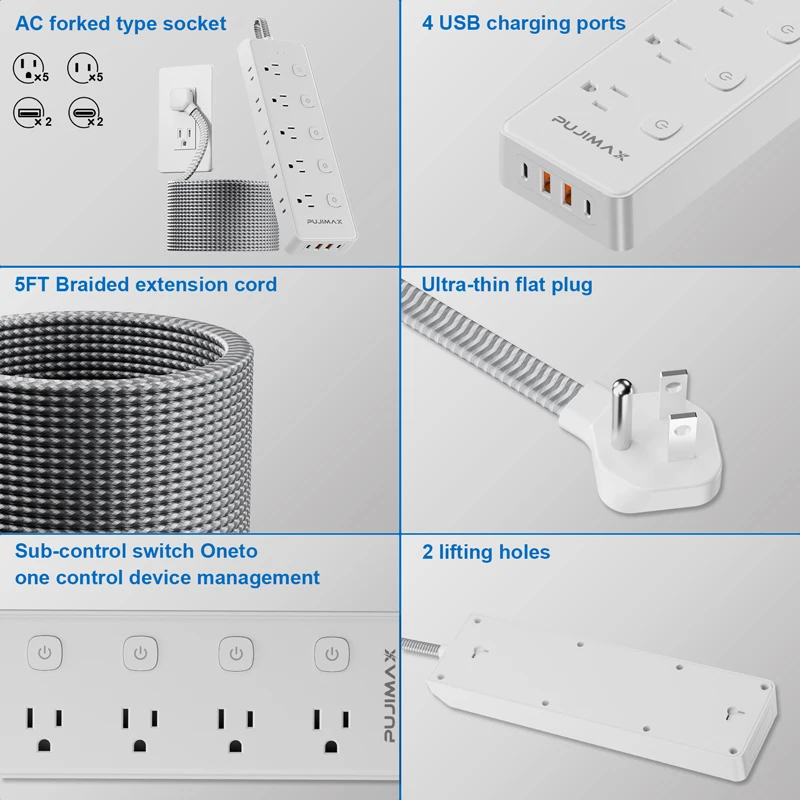 PUJIMAX US Plug Separate Control USB Charger Adapter Outlet Power Strip Multiprise Home Extension Electrical Socket With Cord