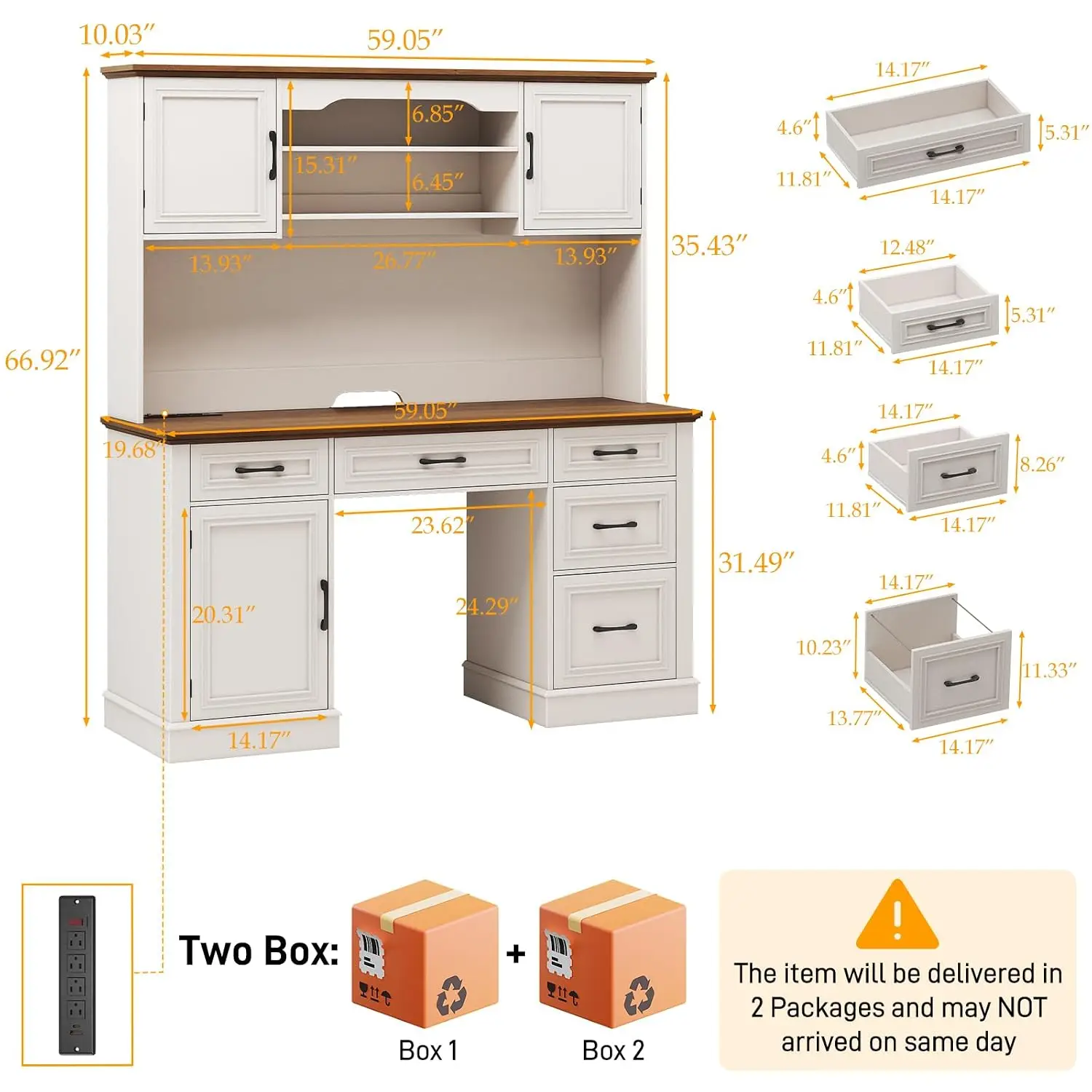 White Executive Desk 5 Drawers Hutch, 67