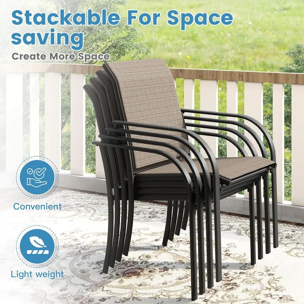 7 piece outdoor patio dining set for 6,63 "walnut rectangular metal dining table and 6 brown stackable harnesses