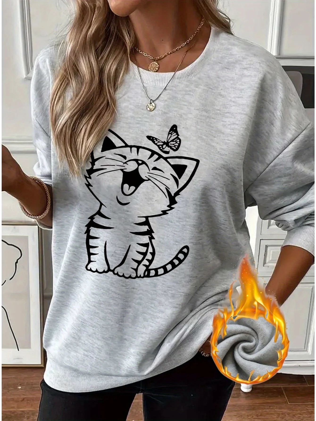 Women's Autumn and Winter Casual Fashion Loose and Comfortable Paris Pattern Printed Warm Round Neck Long Sleeved Pullover