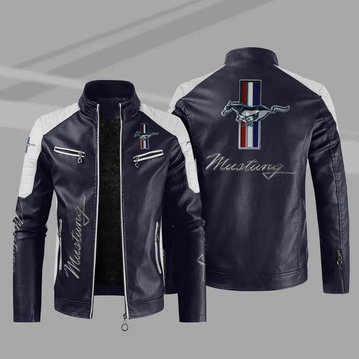 European code men's PU high-grade leather printing plus velvet warm European and American logo yema motorcycle coat