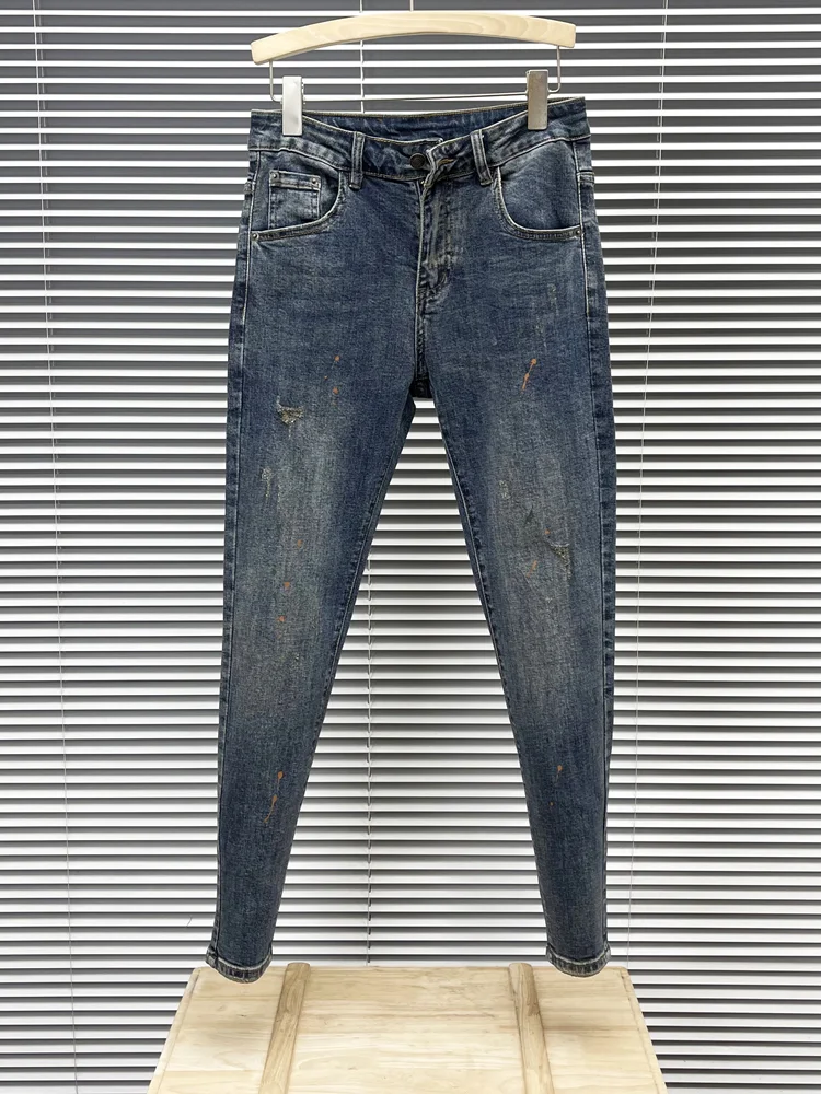 

Retro Washed Distressed Denim Jeans Men Slim Fit Elastic Ankle Length Pants Cool Brand Spring Autumn Middle Waist Jeans