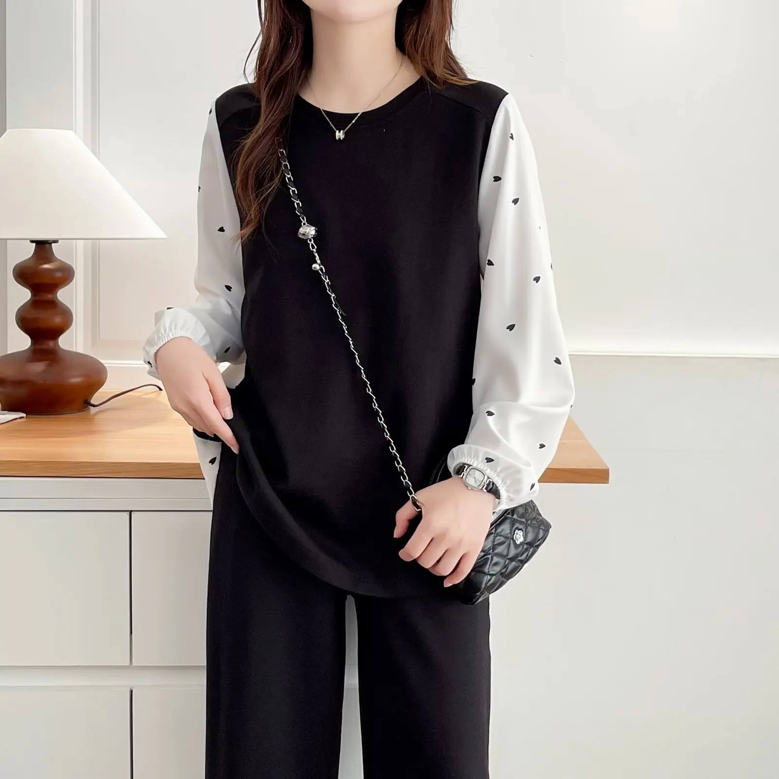 패션 플러스 사이즈 여성 블라우스 가을 신상 쉬폰 패치워크 긴팔 탑 스타일리시 페이크 투피스 2521