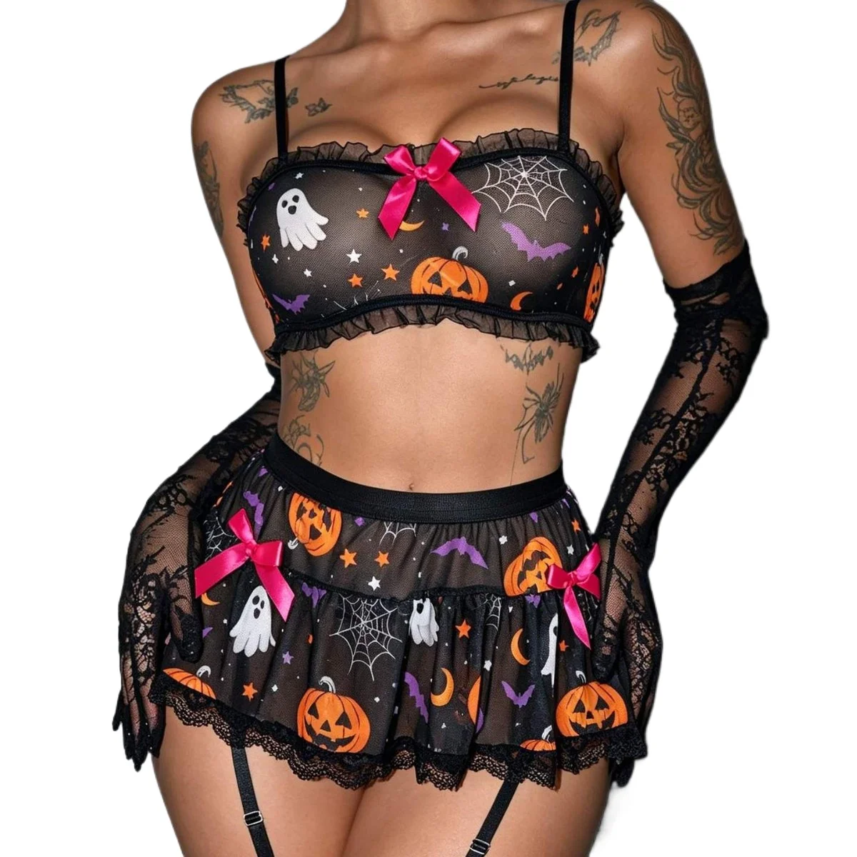 Womens Sexy Scary Dark Goth Halloween Print Mesh Crop Top Mini Skirt Set Black Gloves Party Costumes