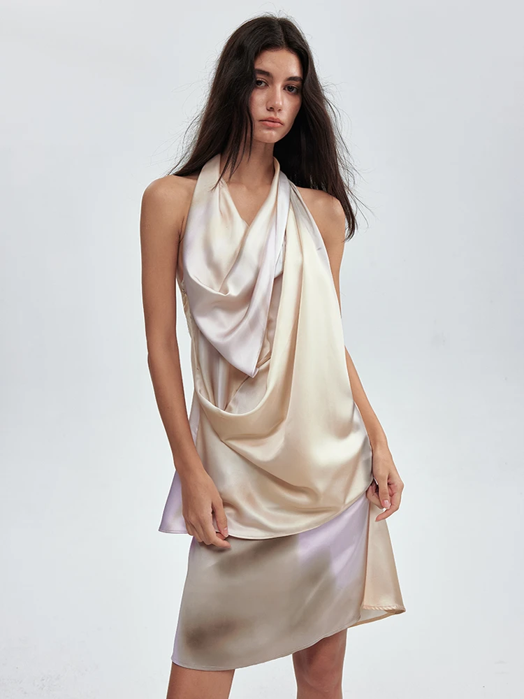 

Желто-фиолетовый топ с принтом, открытыми плечами, драпировкой и бретельками, оригинальный дизайн, полиэстер, повседневный женский жилет