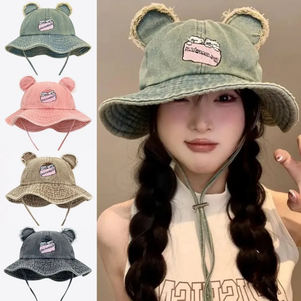 

Cat UV Protection Bear Ears Hiking Fisherman Hat Sunscreen Wide Brim Sun Denim Hat Retro Embroidery Lace-up Bucket Cap Camping