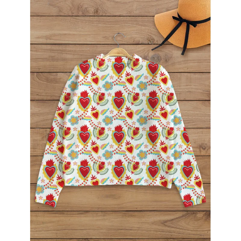 

Sweet Cute Pink Heart Digital Print Girl's Sweater Knit Pullover Warm Round Neck Long Sleeve Autumn Winter Casual Fashion Party