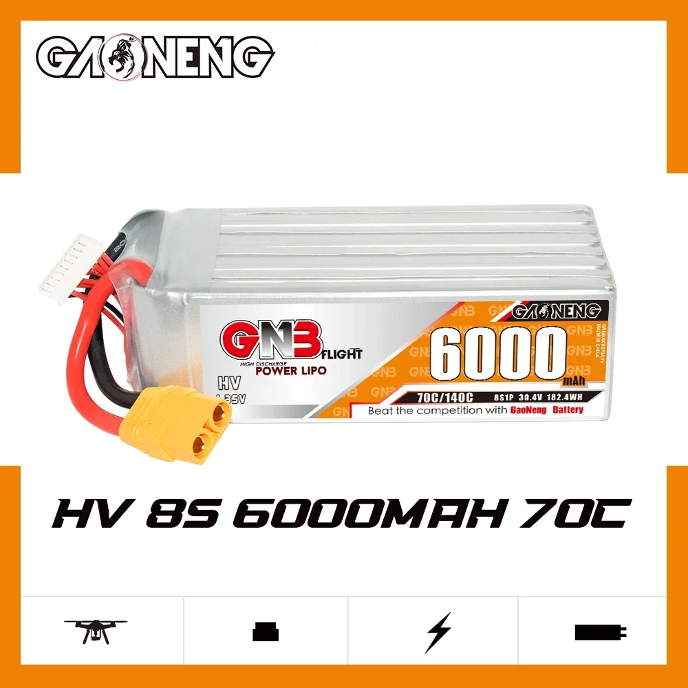 

GAONENG GNB 6000mAh HV 8S 70C 140C 30.4V XT90 LiPo Battery 10inch Xclass FPV 1/7 1/8 scale vehicles FMS EDF Jets and 3D Plane