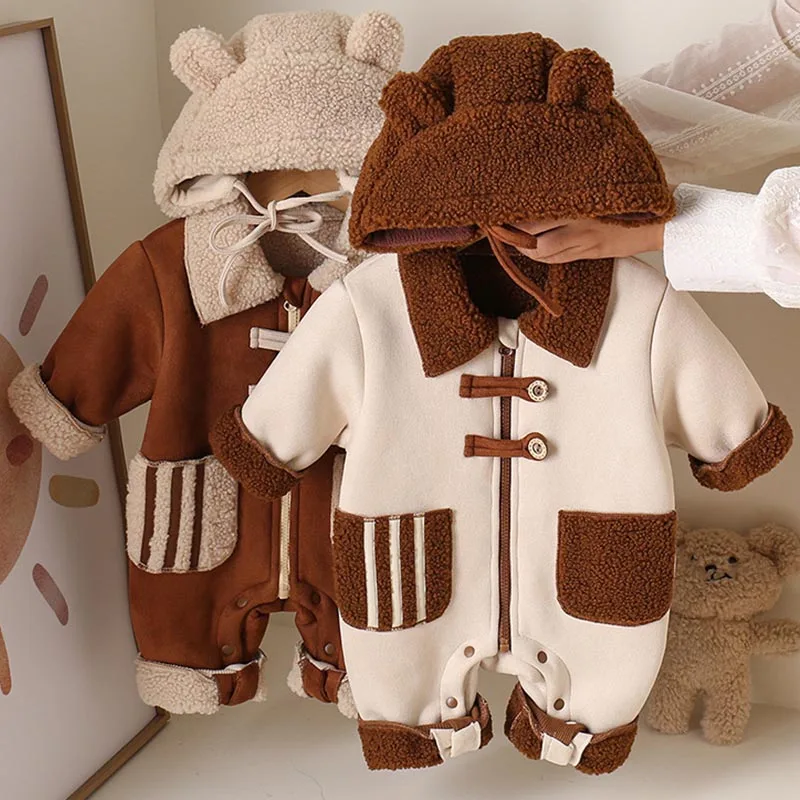 

Детский комбинезон, зимний плотный комбинезон, хлопковый теплый комбинезон с длинными рукавами для мальчиков и девочек, одежда для детей 0-24 месяцев, флисовая пижама с капюшоном для новорожденных медведей