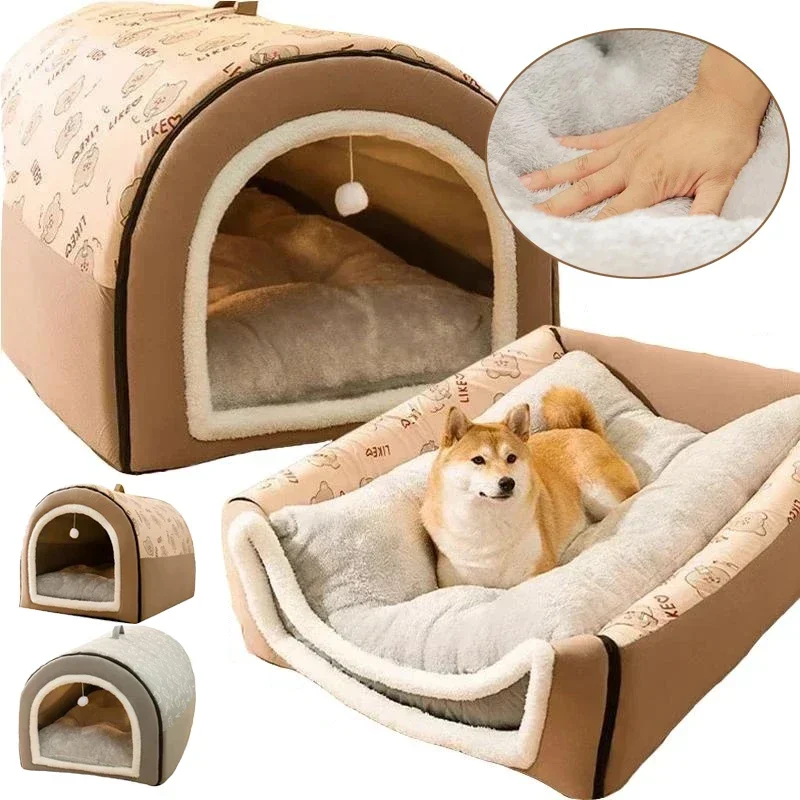 

1PC Dog Cave 2 in 1 Detachable Covered Cat Bed with Ball Pendant Cat Hideaway House, Warm Washable Cozy Dog Beds for Large Dogs