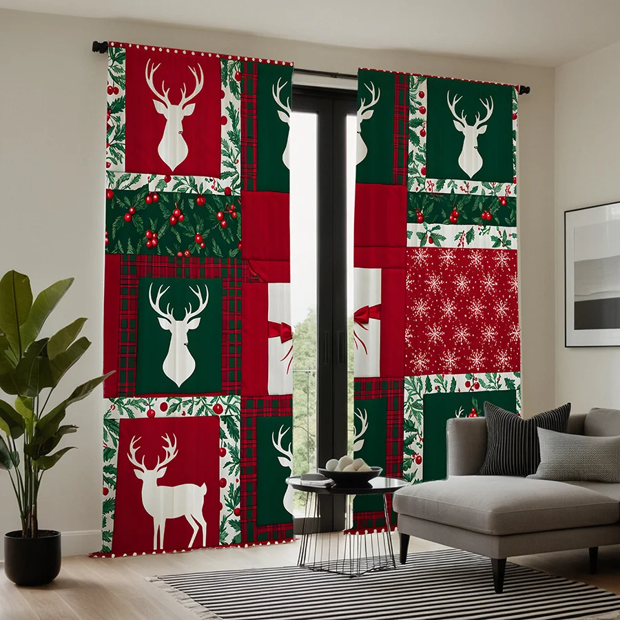 2pcs Set Christmas Plaid Curtains with Red/Green Tartan & Reindeer/Scottish Tartan Patterns - Semi-Transparent Filtering Polyest