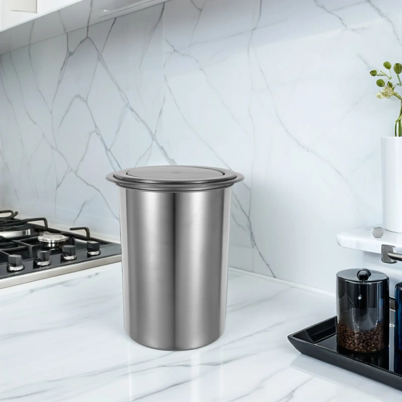 1Set Countertop Built-in Trash Bin Stainless Steel Swing Lid Kitchen Garbage Can Embedded Design Silent Flip for Home Hotel