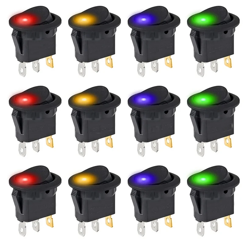 12PCS Round Toggle Switch Lighted 3 Pin with Color LED ON Off Button 12V 20A Switch for Automotive Car Truck