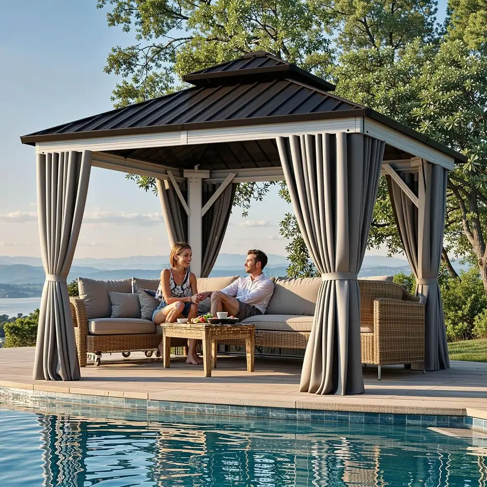 

10X10T Hard Top Metal White Gazebo Patios Double Roo e Garden Gazebo Tent Curtains Netting or Patios Backyards Decks Lawns White