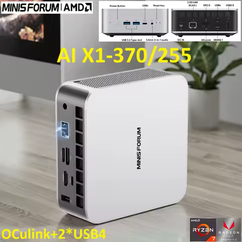 MINISFORUM Mini PC AI X1 370 255 AMD Ryzen AI 9 HX 370 R7 255 OCuLink 2*USB4 Built-in Dual Speaker Gaming Desktop Computer WiFi7