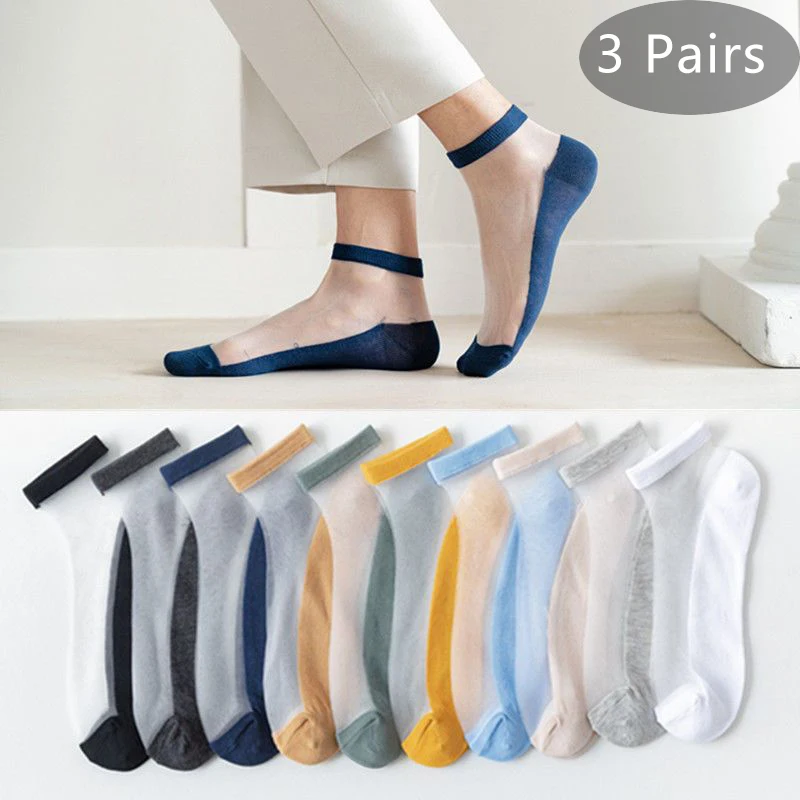 3 Pairs Summer No Show Silk Socks Mens Cotton Nylon Thin Transparent Breathable Deodorant Invisible Ankle Socks Street Fashion