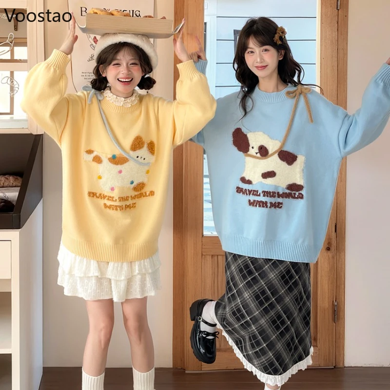 

Sweet Cute Lolita Style Knitted Pullovers Women Kawaii Cartoon Cat Embroidery Sweater Tops Female Casual Y2k Loose Knitwear Coat