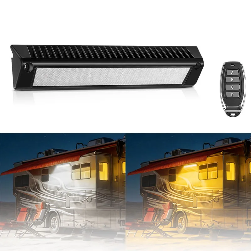 RV LED Awning Porch Light with Remote 13inch 12V/24V White & Amber Dual Color Porch Light Waterproof for RVs Trailers Campers