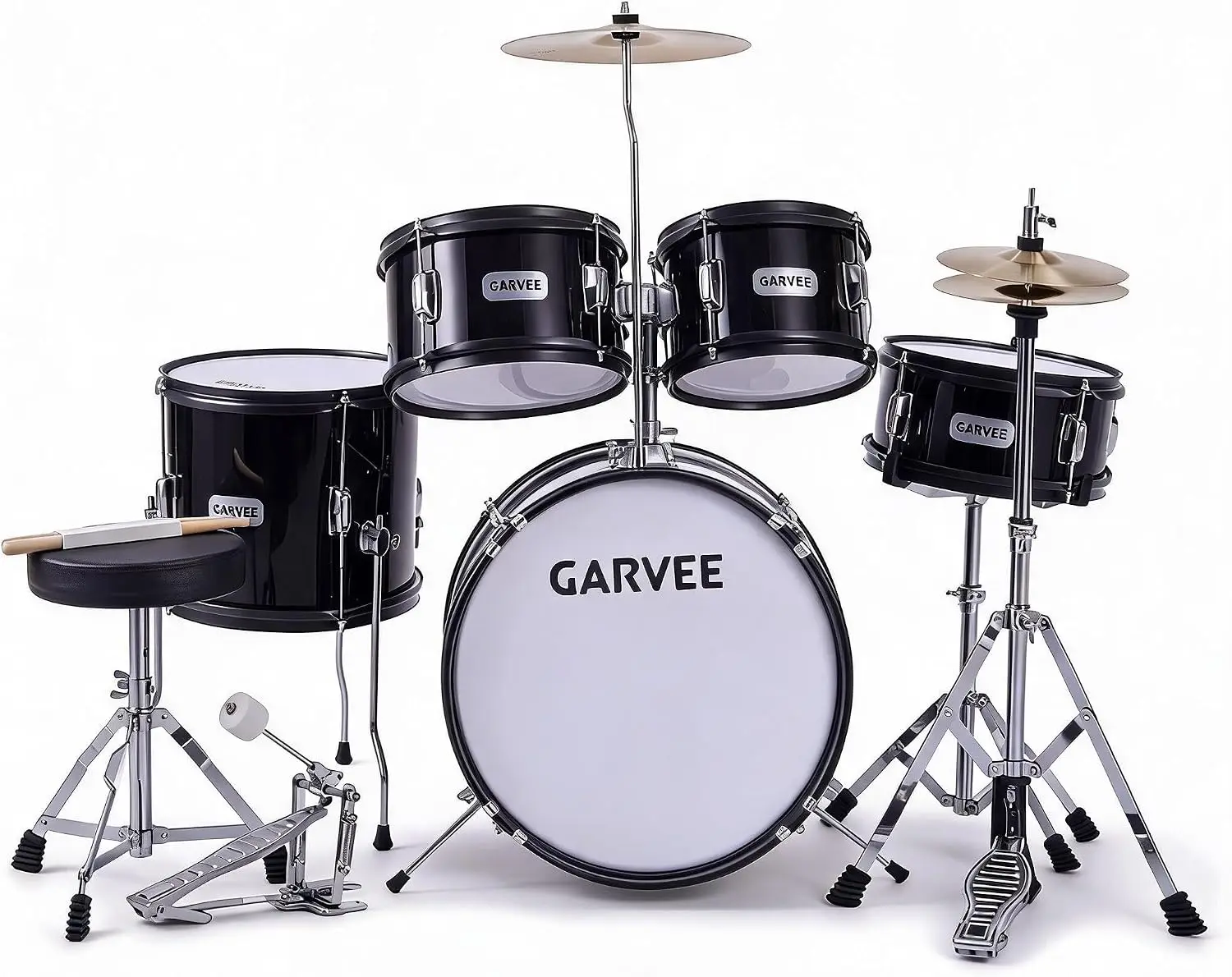 Black 5-Piece Drum Set Featuring Adjustable Hardware and 9-Ply Poplar Shells