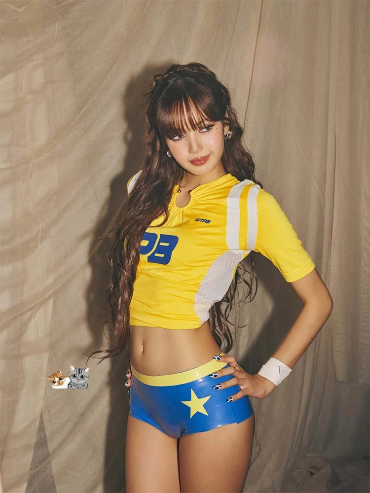  Lisa Letter Print Crop Top Color Block Shorts  Performance T-Shirt Women's Fashion Summer Outfit